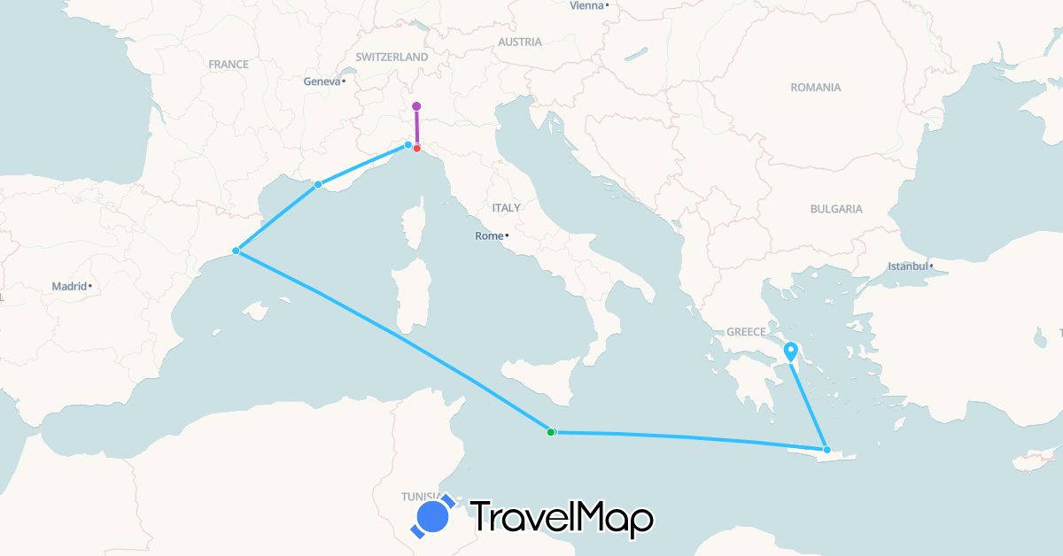 TravelMap itinerary: driving, bus, train, hiking, boat in Spain, France, Greece, Italy, Malta (Europe)